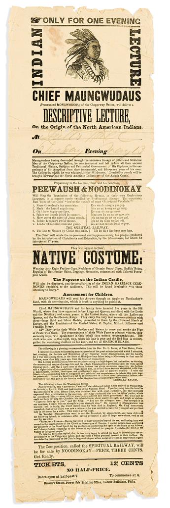 (AMERICAN INDIANS.) Only for One Evening, Indian Lecture, Chief Maungwudaus.                                                                     